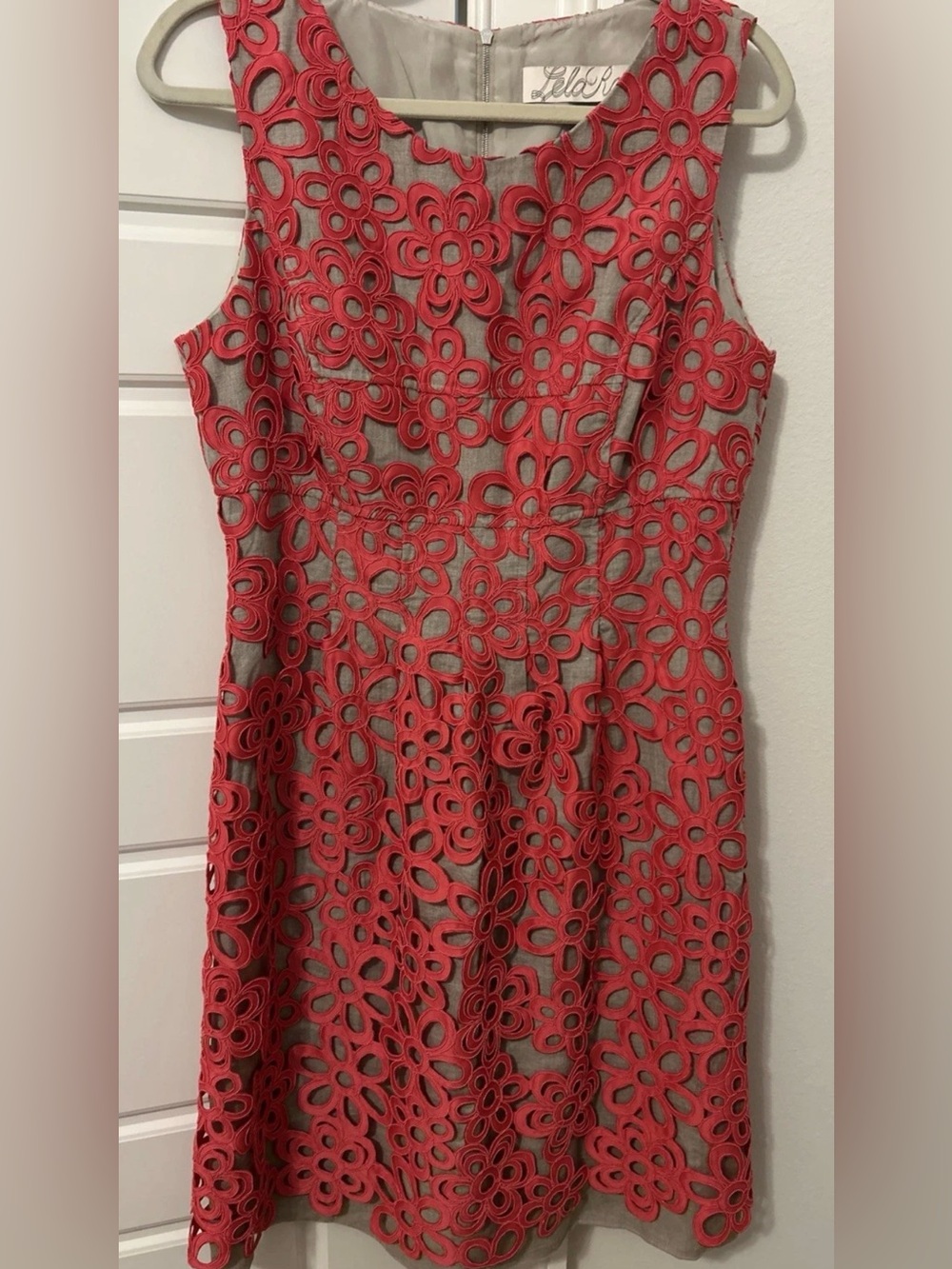 Lela Rose Floral Cutout Coral Sleeveless Dress